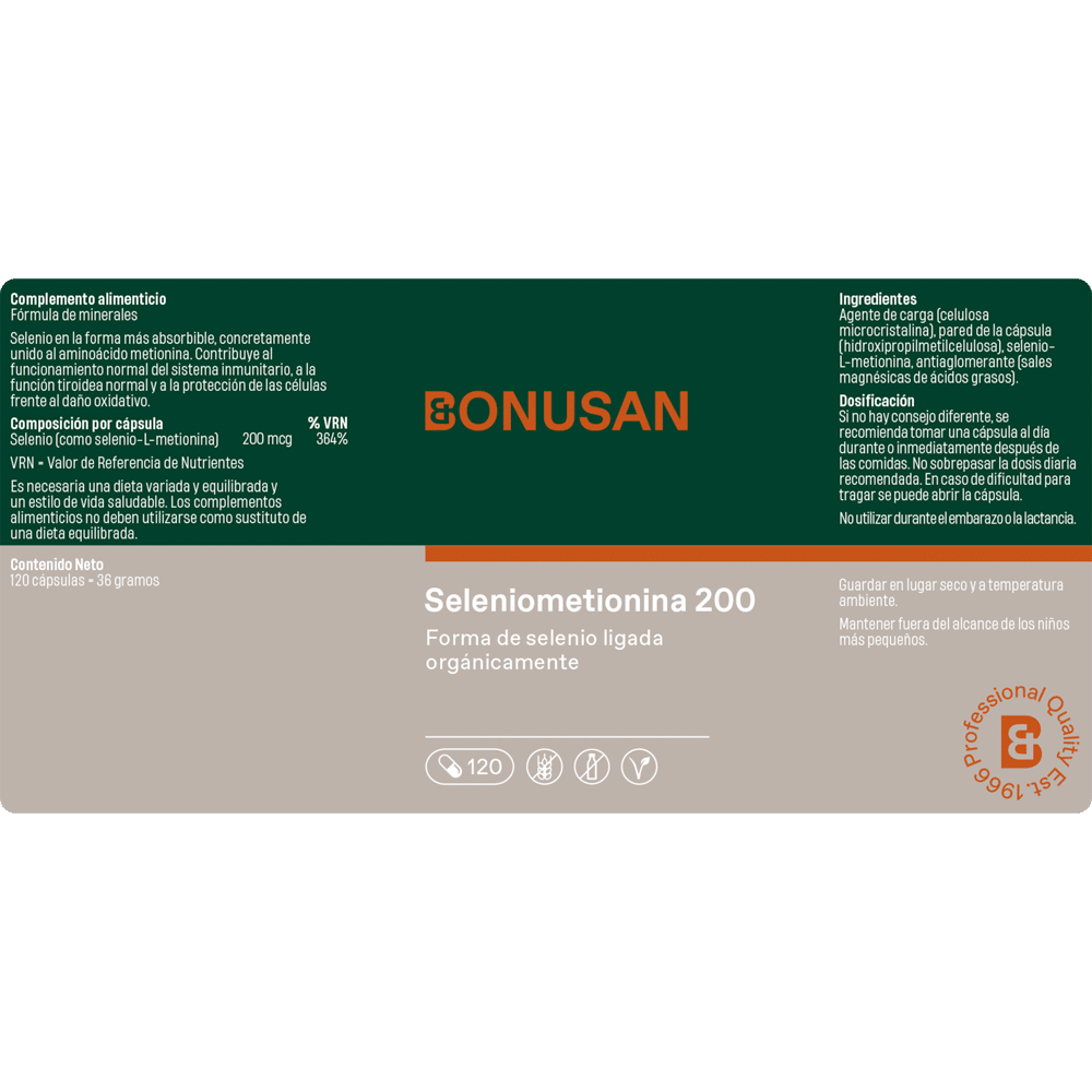 Seleniometionina 200 mcg. 120 cáps. de Bonusan_Etiquetas