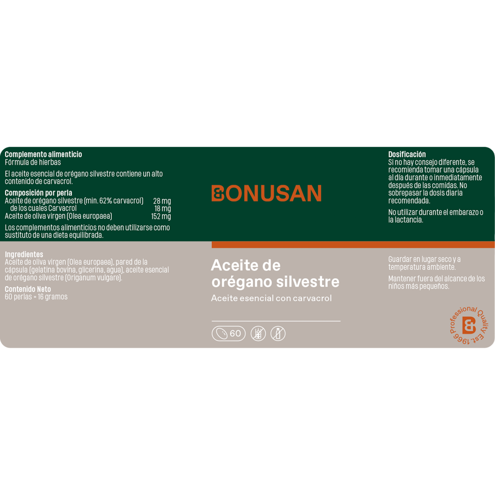 Aceite de orégano silvestre 60 perlas de Bonusan_Etiqueta