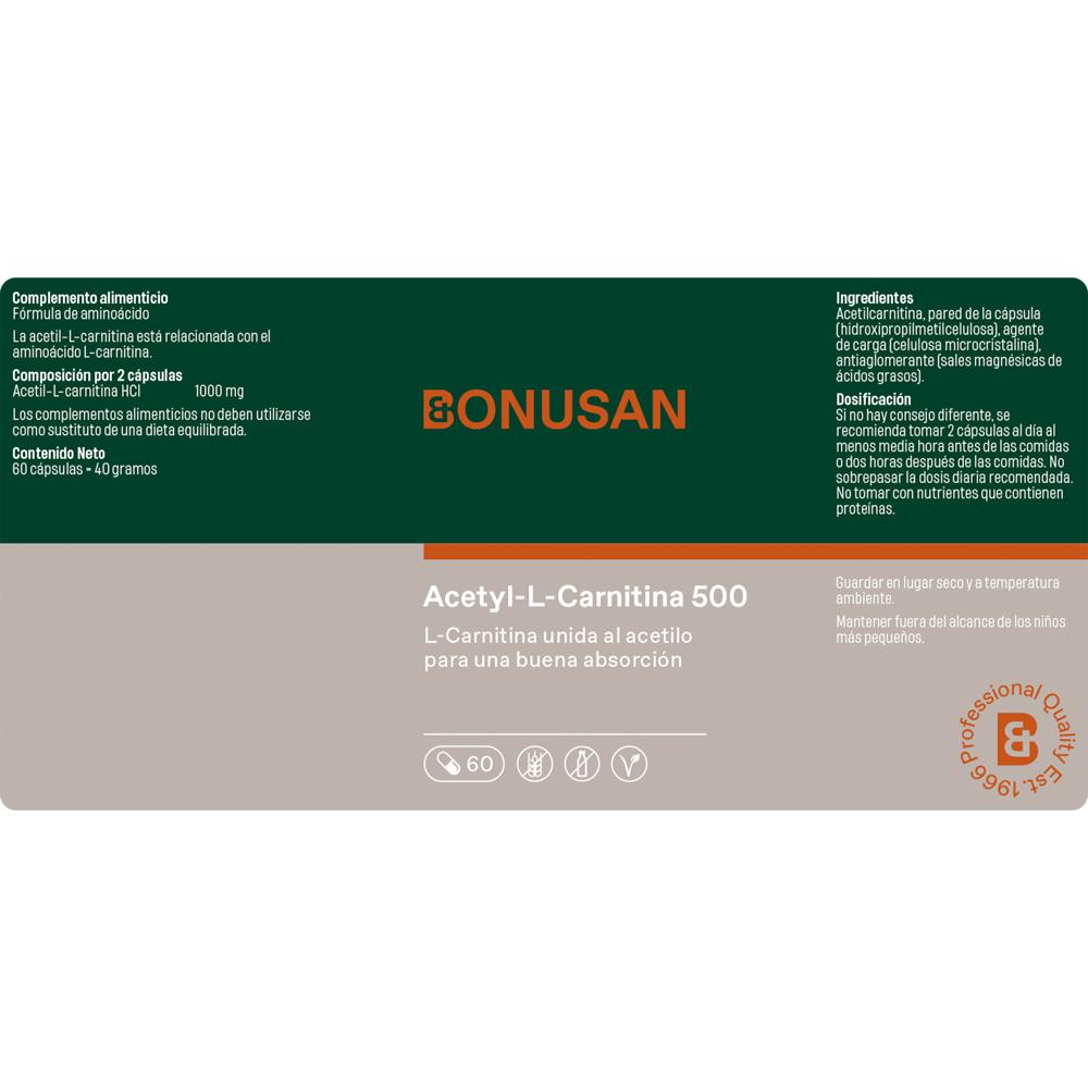 Acetil-L-Carnitina 500 mg 60 cáps. de Bonusan_Etiqueta