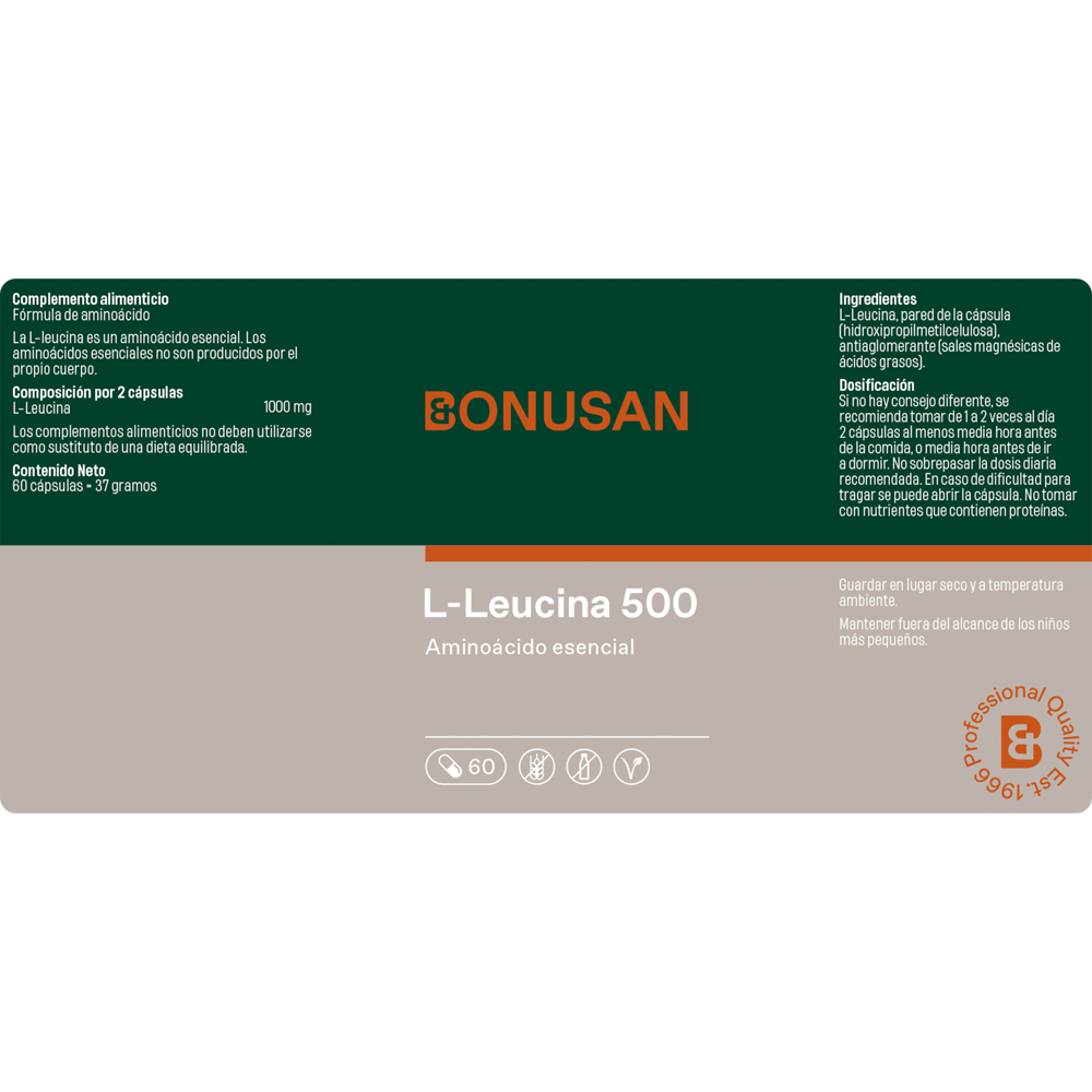 L-Leucina 500 mg. 60 cáps. de Bonusan_Etiqueta