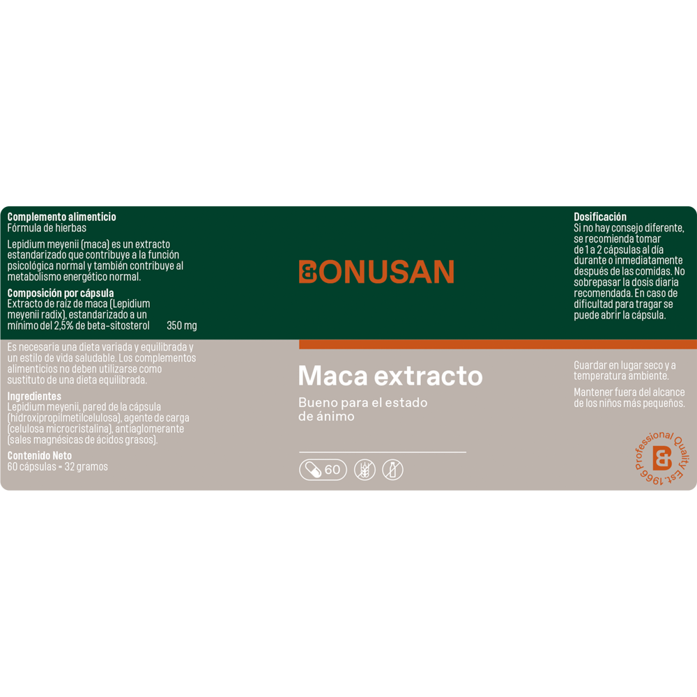 Maca extracto 60 cáps. de Bonusan_Etiqueta